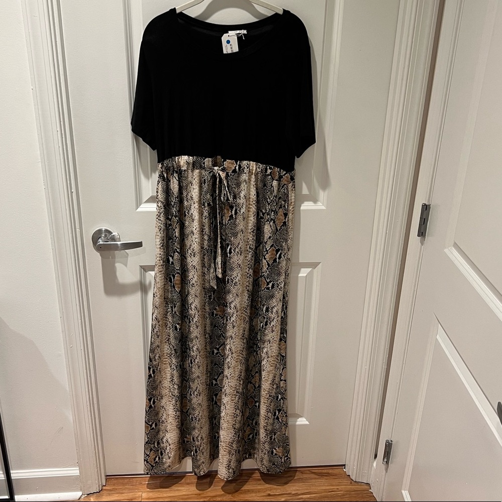 JODIFL Black and Snakeskin Drawstring Maxi Dress